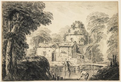 Landschaft mit einem Cottage und Bauern, ca. 1770 von Jean Baptiste Pillement